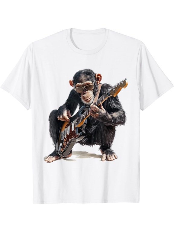 Chimpanzee Dressed as Guitarist with Guitar Monkey Rocker T-Shirt
