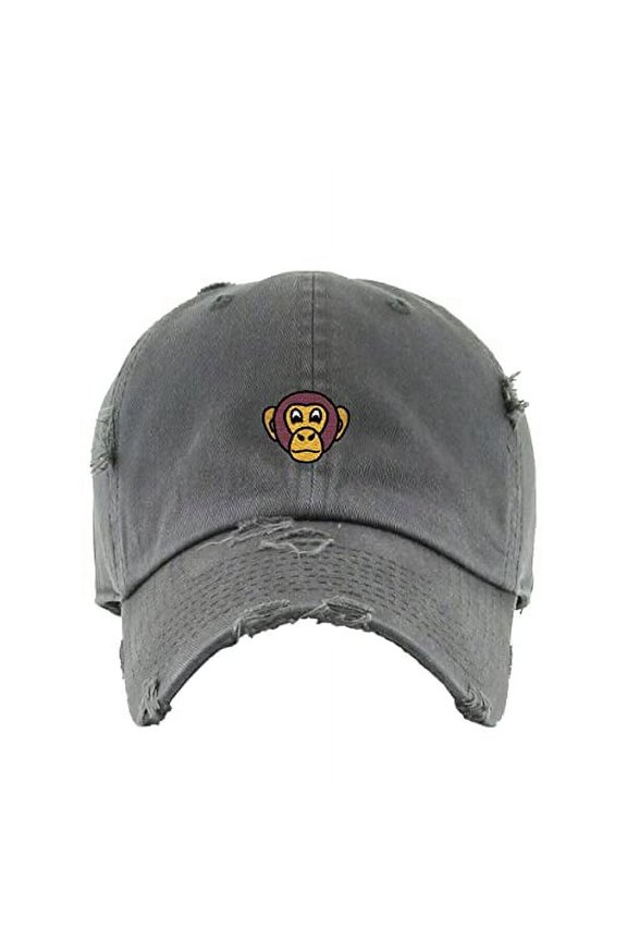 Chimpanzee Head Vintage Baseball Cap Embroidered Cotton Adjustable Distressed Dad Hat Dark Grey