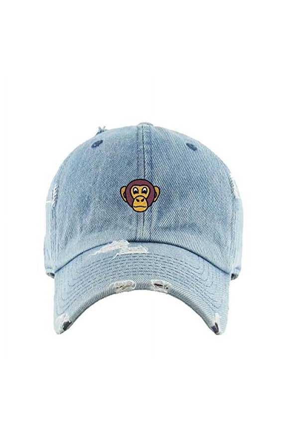 Chimpanzee Head Vintage Baseball Cap Embroidered Cotton Adjustable Distressed Dad Hat Light Denim