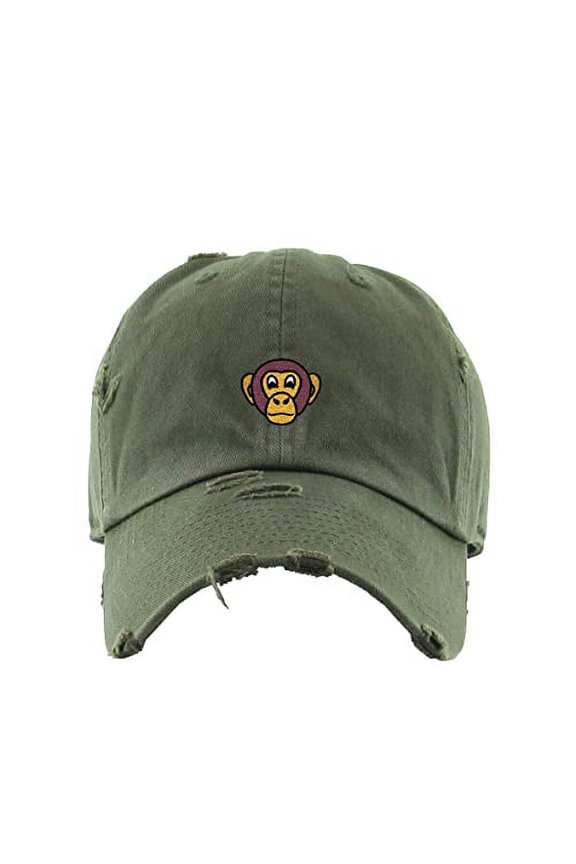 Chimpanzee Head Vintage Baseball Cap Embroidered Cotton Adjustable Distressed Dad Hat Olive