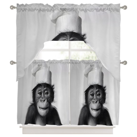 Chimpanzee Kitchen Curtains Swag Valance and Tier Curtains Set 36 Inch Length, Monkey Chef Funny Animal Humor Rod Pocket Drape Panels Pair Swag Curtains for Bathroom/Cafe/Window