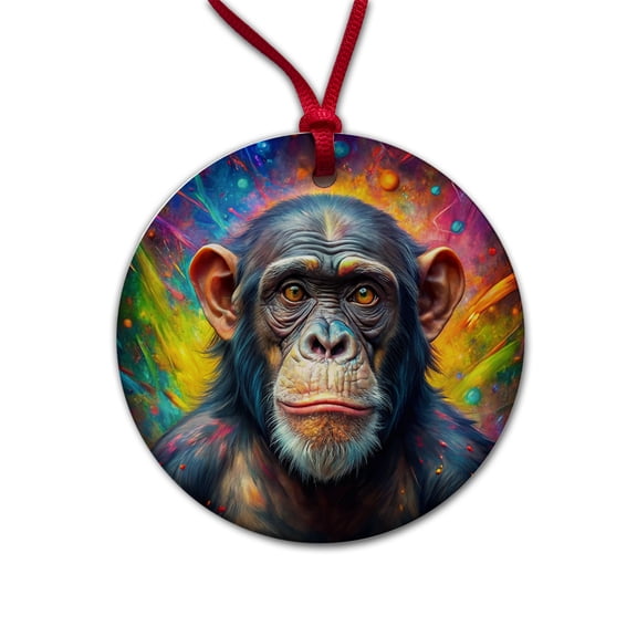 Chimpanzee Monkey Colorful Abstract Art Christmas Tree Holiday Round Ceramic Ornament