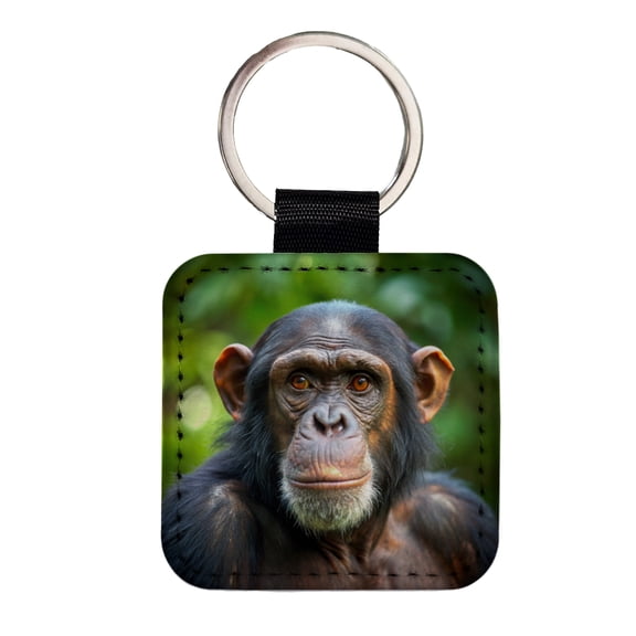 Chimpanzee Monkey Faux Leather Square Keychain
