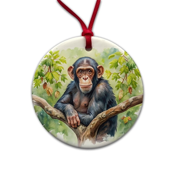 Chimpanzee Monkey In Tree Watercolor Christmas Tree Holiday Round Ceramic Ornament