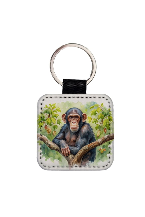 Chimpanzee Monkey In Tree Watercolor Faux Leather Square Keychain
