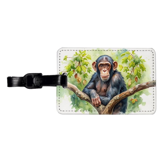 Chimpanzee Monkey In Tree Watercolor Faux Leather Travel Luggage Tag