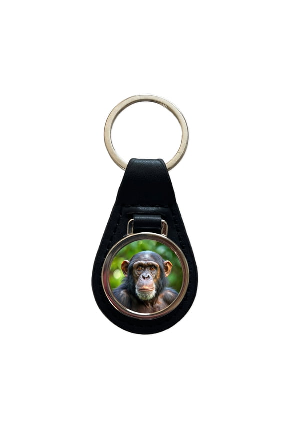 Chimpanzee Monkey Metal Black Leather Keychain