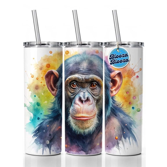 Chimpanzee Monkey Watercolor 20oz Insulated Water Bottle Skinny Tumbler Includes Straw
