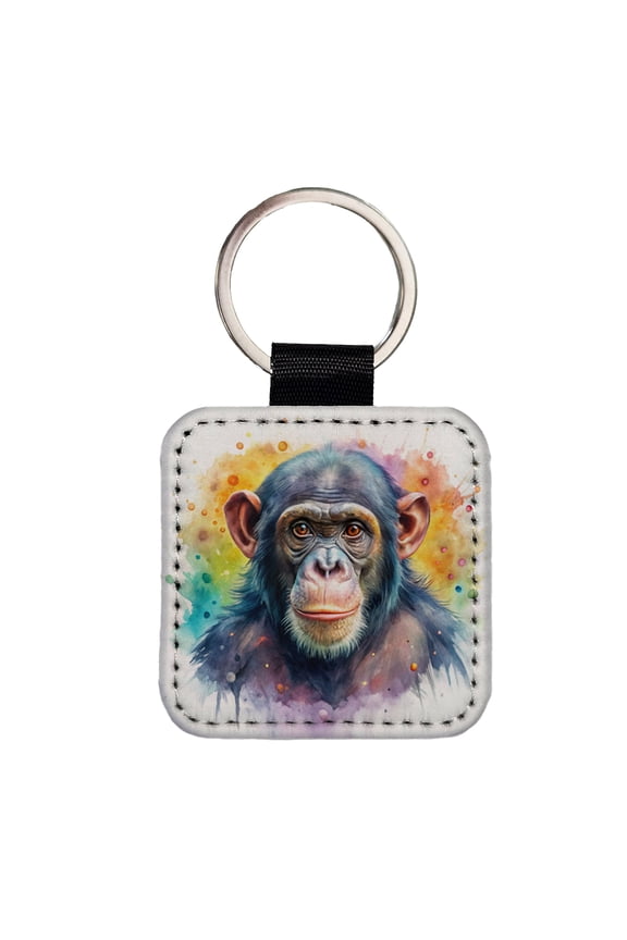 Chimpanzee Monkey Watercolor Faux Leather Square Keychain