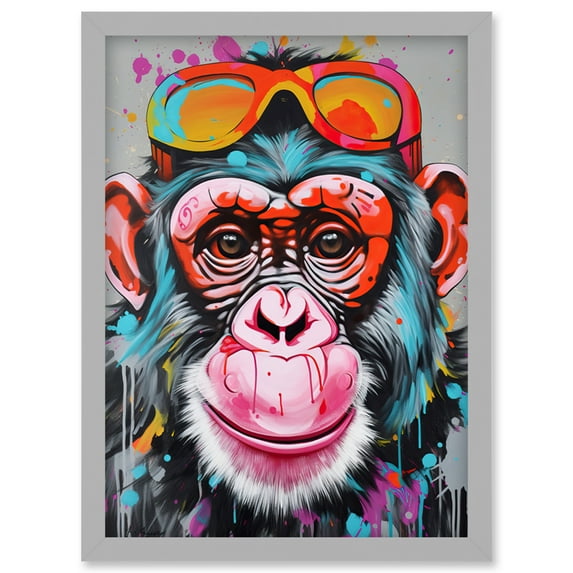 Chimpanzee Monkey With Sunglasses Graffiti Pop Art Artwork Framed Wall Art Print A4