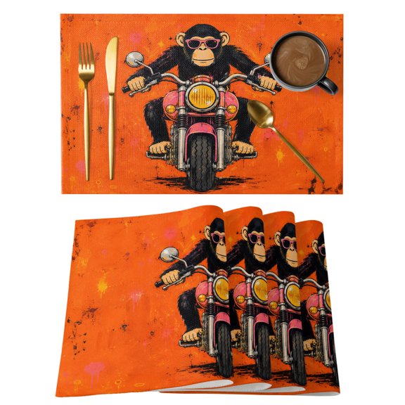 Chimpanzee Placemats Set of 1, Graphic Sunglasses Monkey Pink Motorcycle Orange Backdop Non-Slip Place Mats Washable Table Mats for Kitchen Dining Table Decorations Indoor/Outdoor