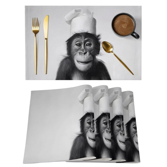 Chimpanzee Placemats Set of 2 Monkey Chef Funny Animal Humor Place Mats Indoor Wipeable Table Mats Washable Cloth Dining Table Placemats for Kitchen Holiday Party Home Decor 13x19 Inch