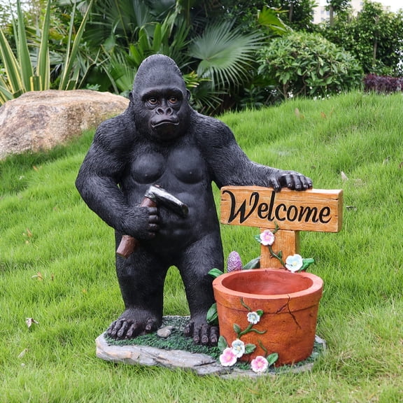 Chimpanzee Planter Statue Outdoor Garden Sculpture, Black Resin Flower Pot with Welcome Sign, Large Yard Decor for Patio Lawn