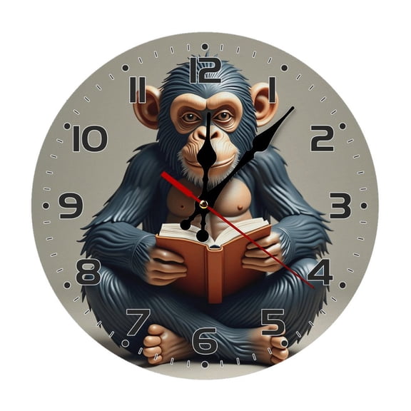 Chimpanzee Reading Book Wall Clock 10 Inch Silent Non Ticking Round Clock Decoration for Living Room Kitchen Bedroom Bathroom Office Classroom
