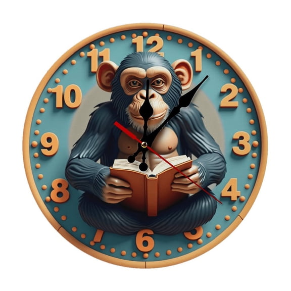 Chimpanzee Reading Book Wall Clock 10 Inch Silent Non Ticking Round Wooden Clock Decoration for Living Room Kitchen Bedroom Bathroom Office Classroom