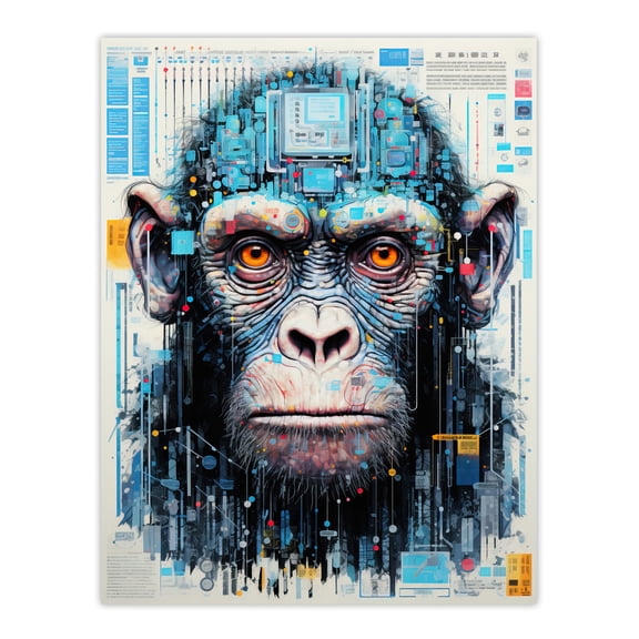 Chimpanzee Robot Hybrid Schematic Blueprint Futuristic Secret Complex Arcane Manuscript Gift For Him Man Cave Extra Large XL Wall Art Poster Print