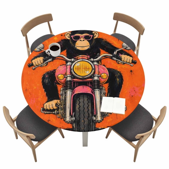 Chimpanzee Round Fitted Table Cover Graphic Sunglasses Monkey Pink Motorcycle Orange Backdop Waterproof Table Cloth with Elastic Edge Wipeable Tablecloth for Picnic Camping Party Fits 36"-44" Tables