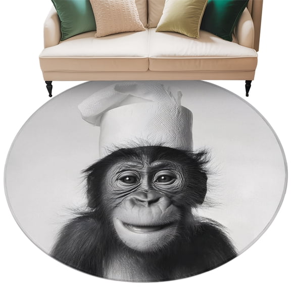 Chimpanzee Round Rug 7ft Washable Circle Rugs Non Slip Monkey Chef Funny Animal Humor Large Area Rug Indoor Floor Carpet for Bedroom Kitchen Living Room Home Office Dining Room Nursery
