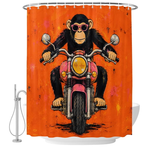 Chimpanzee Shower Curtain for Bathroom, Graphic Sunglasses Monkey Pink Motorcycle Orange Backdop Waterproof Cloth Fabric Bathroom Accessories Set with 12 Rust Proof Plastic Hooks, 72"x72"