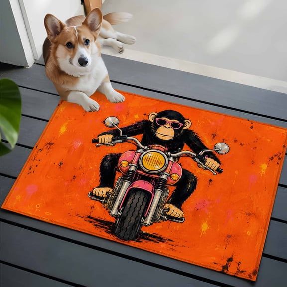 Chimpanzee Small Area Rugs 2x3 Graphic Sunglasses Monkey Pink Motorcycle Orange Backdop Entryway Rugs Washable Door Mat, Low-Profile Area Rugs Floor Carpet for Living Room Bedroom Home Office