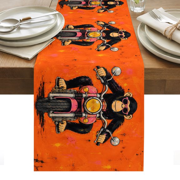 Chimpanzee Table Runner, Graphic Sunglasses Monkey Pink Motorcycle Orange Backdop Washable Kitchen Table Runners for Dining Table Decorations Party/Restaurant/Indoor Outdoor Use, 13x36in