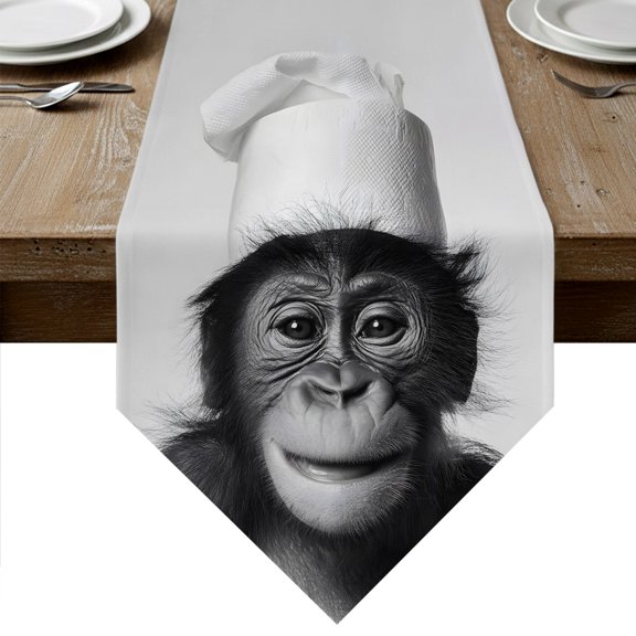 Chimpanzee Table Runner Linen Burlap Table Runner 36 Inches Small Monkey Chef Funny Animal Humor Dresser Scarves for Kitchen Island Coffee Dining Room Party Wedding Banquet Holiday Decoration 13"x36"