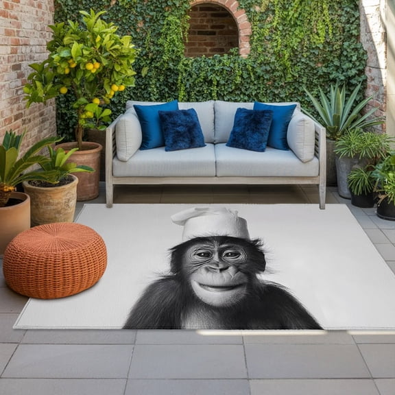 Chimpanzee with Toilet Paper Indoor Outdoor Rugs 5x8 Ft, Funny Animal Outdoor Patio Rugs Mat Washable Outside Area Rugs Carpet for Porch Deck RV Camping Pool Balcony Backyard