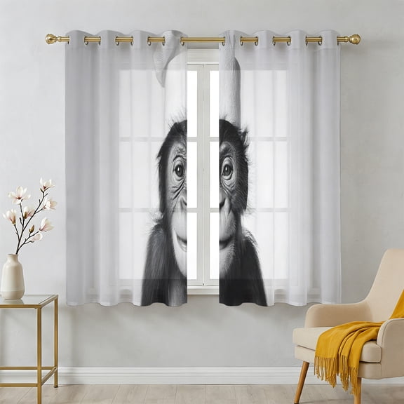 Chimpanzee with Toilet Paper Sheer Curtains 45 Inch Long 2 Panels, Funny Animal Light Filtering Semi Sheer Drapes Grommet Voile Window Curtain for Living Bedroom W42 x L45