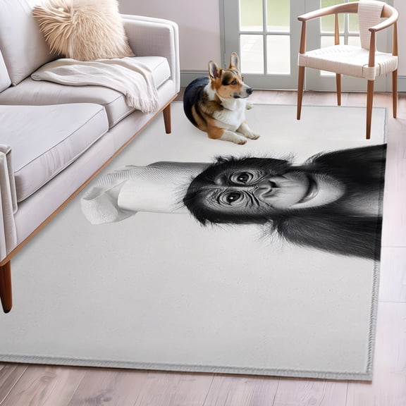 Chimpanzee with Toilet Paper Washable Area Rug 4x6 Funny Animal Low-Profile Large Area Rugs with Non Slip Backing Indoor Floor Carpet for Entrance Living Room Bedroom Home Office