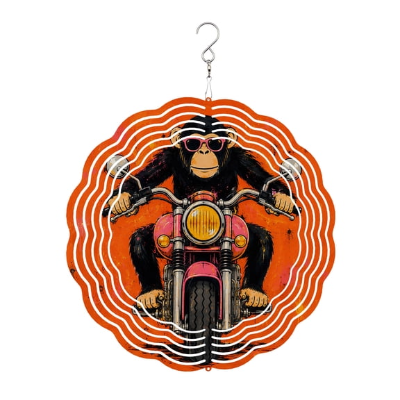 Chimpanzee Wind Spinner for Garden Yard 8In, Graphic Sunglasses Monkey Pink Motorcycle Orange Backdop 3D Stainless Steel Kinetic Hanging Wind Spinners Rustproof Outdoor Decor for Lawn Patio Home