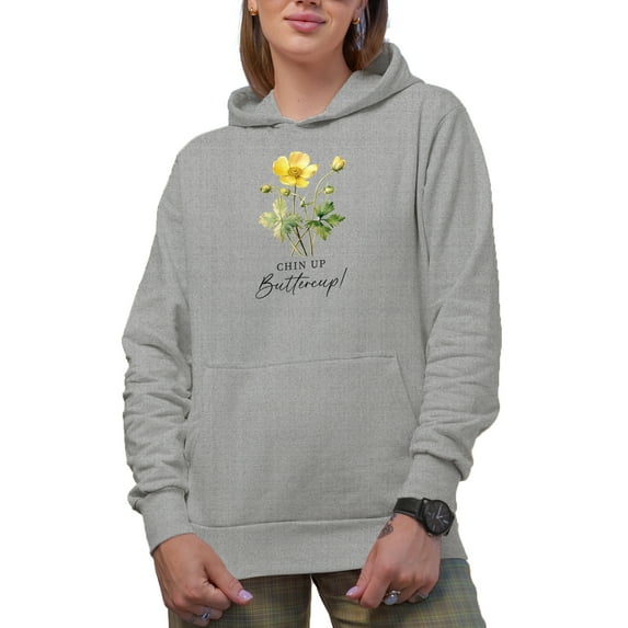 Chin Up, Buttercup with Watercolor Yellow Buttercup Flower Art Merch Gift, Heather Grey Hooded Sweatshirt or Hoodie, 2XL
