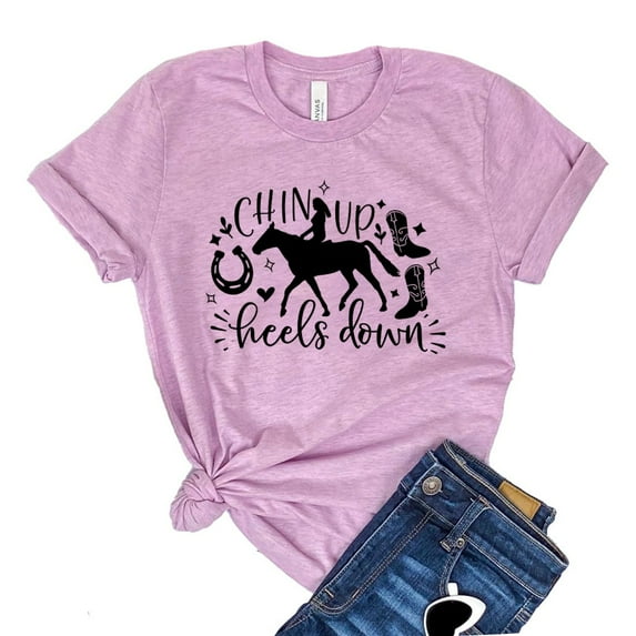 Chin Up Heels Down Shirt Equestrian T-shirt Horse Lover Tee Cowgirl Gift Farmer Shirts Women's Ranch Tshirt