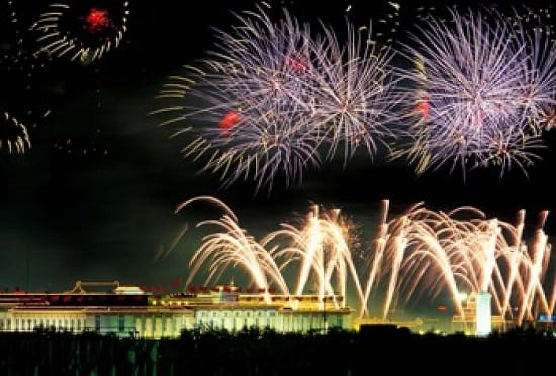 China Beijing Fireworks over Tienanmen Square Canvas Art - Walter Bibikow DanitaDelimont (36 x 24)