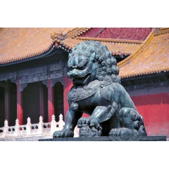 China Beijing Lion statue guards Forbidden City Canvas Art - Ric Ergenbright DanitaDelimont (34 x 23)