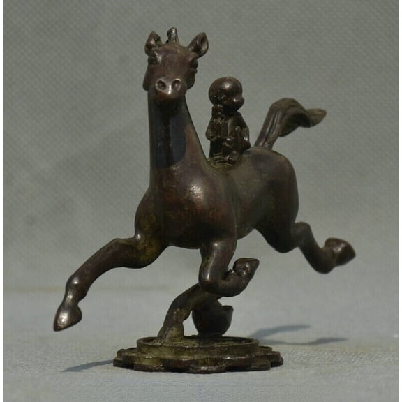 China Bronze Fengshui Zodiac Animal Horse Monkey Ingots Lucky Statue 4" Ancient