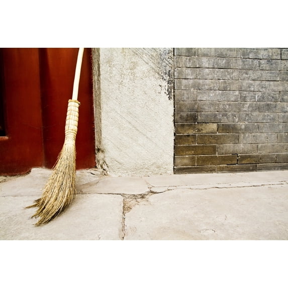China, Broom Leaning Against Cement Wall; Beijing Poster Print (34 x 22)