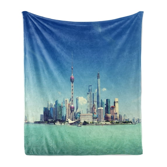 China Cityscape Soft Flannel Fleece Throw Blanket, Shanghai Skyline Pudong River Scene Skyscrapers Modern Image, Cozy Plush for Indoor and Outdoor Use, 50" x 70", Mint Green Blue Grey, by Ambesonne