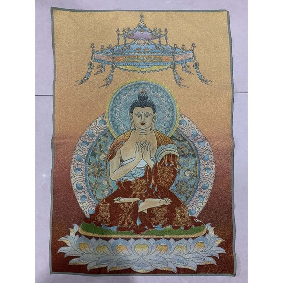 China Cloth Silk Buddhism Sakyamuni Mural Wall Hanging Tapestry Tangka 36"