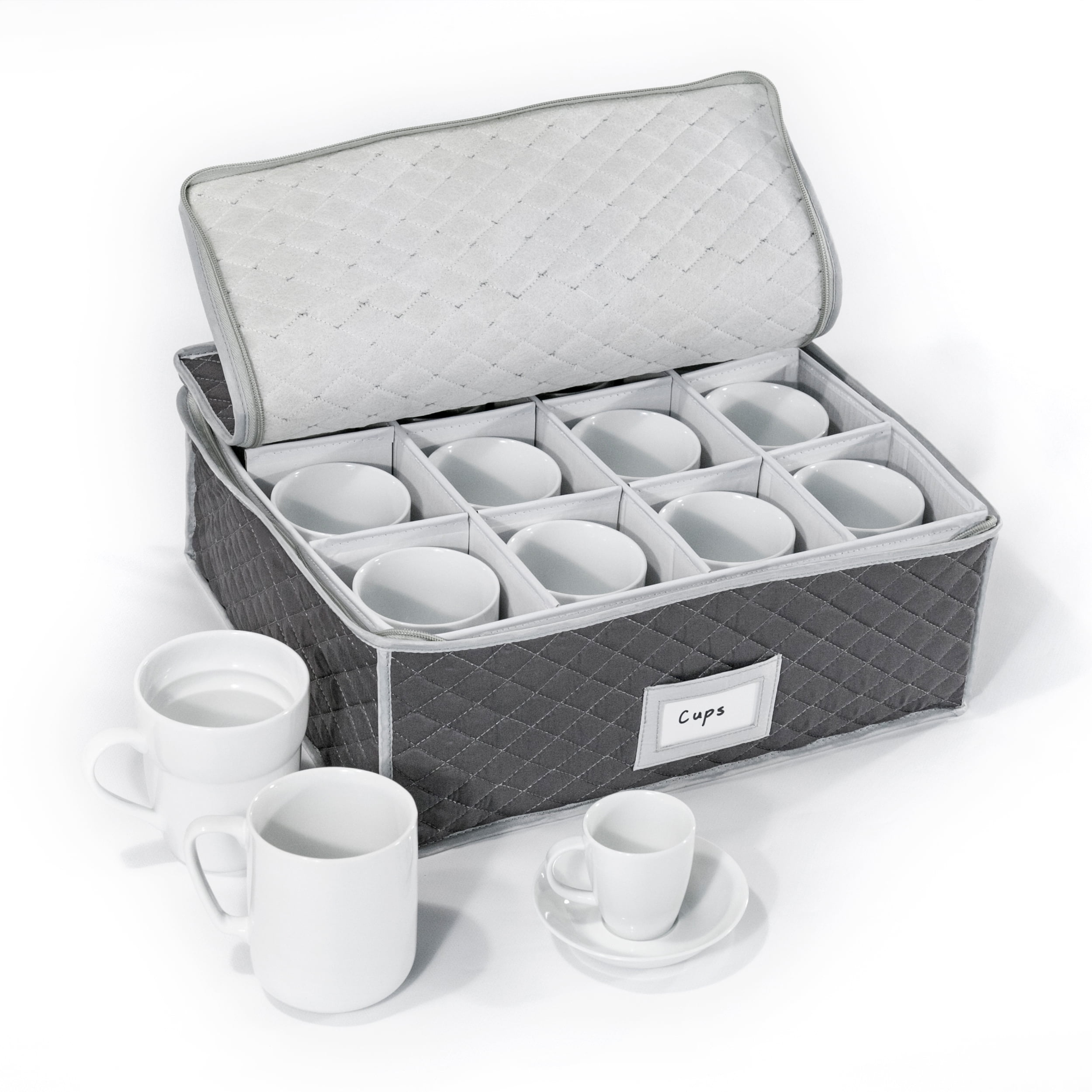 China Cup Storage Chest - Quilted Fabric Container in Gray Measuring 16 x  13 x 6H - Perfect Storage Case for Coffee Cups - Tea Cups - Mugs