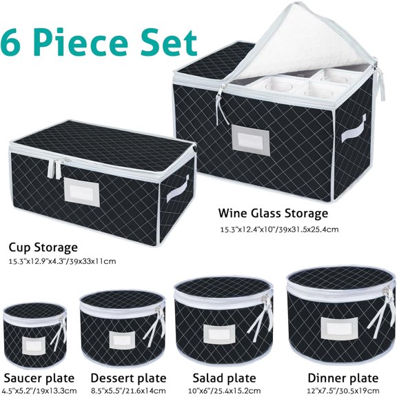 China Dinnerware Storage Containers Set - 6 Pack Black Quilted Box Bins for Dish, Mug, Stemware