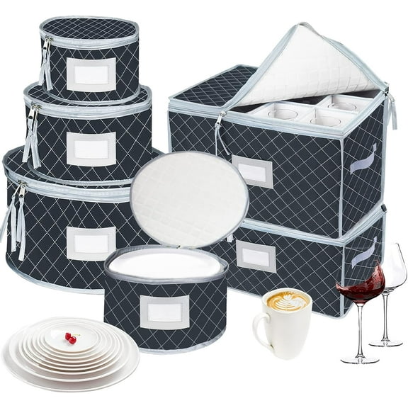 China Dinnerware Storage Containers Set- Dish,Mug,Stemware Storage Cases - Quilted Box Bins Stackable with Divider,handles,Clear Window for Cups,Plates,Wine Glasses Moving Set of 6 (Grey