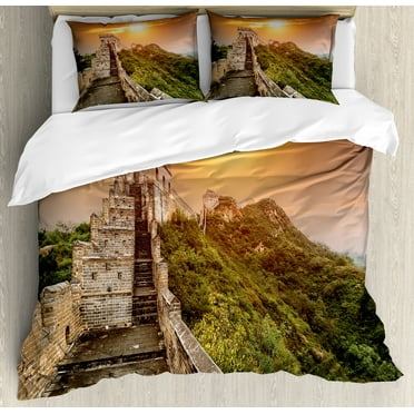 China Duvet Cover Set, Magnificent Heritage of World Background Brick Borders Picture, Decorative 3 Piece Bedding Set with 2 Pillow Shams, Calking Size, Orange Green, by Ambesonne