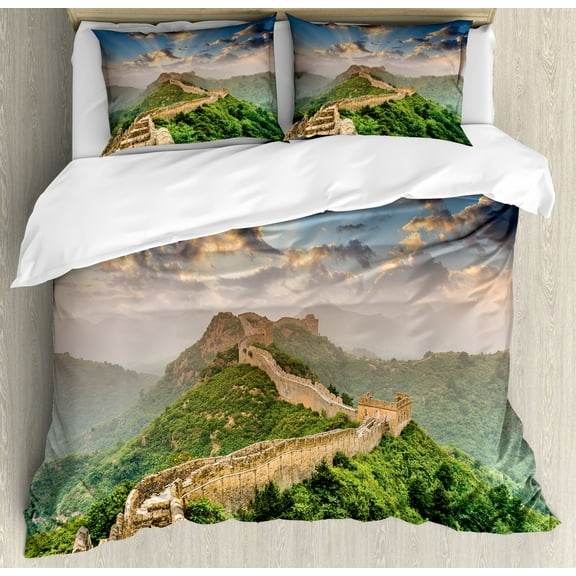China Duvet Cover Set, Oriental Medieval Blockade on High Lands Old Wonders the Past Picture, Decorative 3 Piece Bedding Set with 2 Pillow Shams, King Size, Blue Green, by Ambesonne