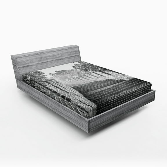 China Fitted Sheet, Black and White Panorama of Traditional Landmark Cultural Ruins Image, Soft Decorative Fabric Bedding, Queen Size, Grey, by Ambesonne