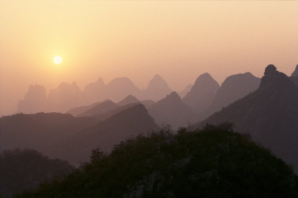 China Guilin Piled Silk Mountains At Sunset Orange Sky B1785 Canvas Art - Joe Carini Design Pics (19 x 12)