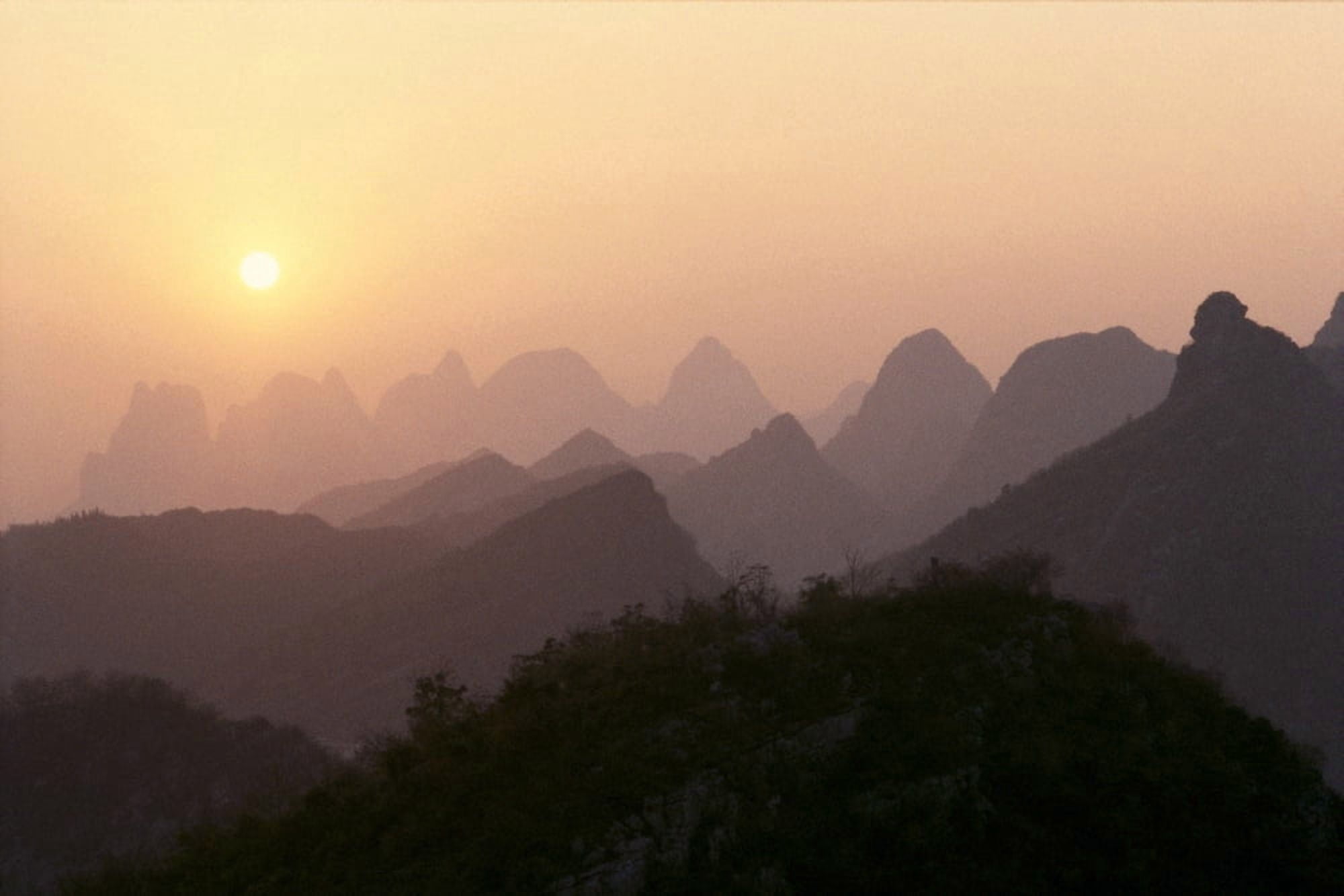 China Guilin Piled Silk Mountains At Sunset Orange Sky B1785 Canvas Art - Joe Carini Design Pics (38 x 24)