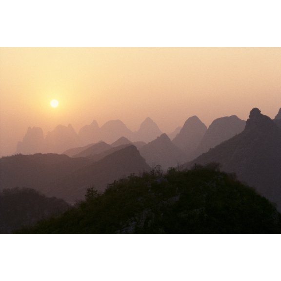 China, Guilin, Piled Silk Mountains, At Sunset, Orange Sky B1785 Poster Print (19 x 12)