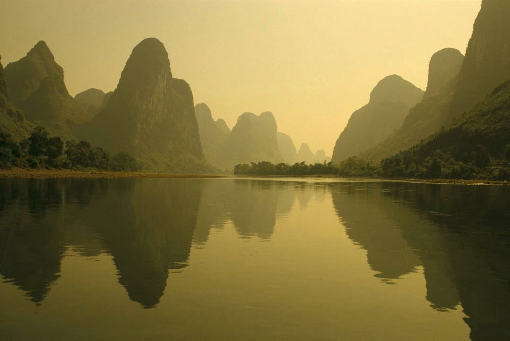 China Guilin Piled Silk Mountains Li River With Reflections In Water A72H Canvas Art - Joe Carini Design Pics (19 x 12)