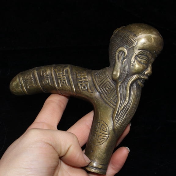 China Hand Carved Brass Stick Longevity Old Man Head Statue Walking Cane