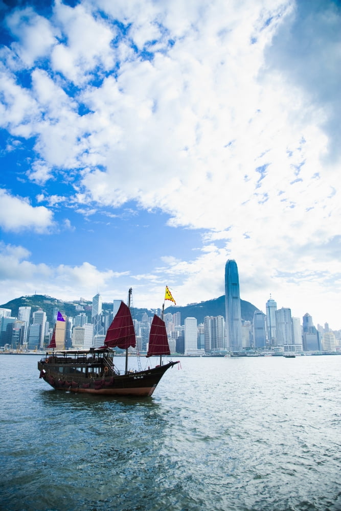 China Hong Kong Island converted for tourists rides around harbor Victoria Harbor Traditional Chinese Junk boat Canvas Art - Naki Kouyioumtzis Design Pics (12 x 19)